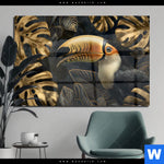 Acrylglasbild Monstera Und Tukan Gold Querformat Produktvorschau mit dem Bild Monstera und Tukan Gold im Format Querformat.