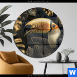 Acrylglasbild Monstera Und Tukan Gold Rund Produktvorschau mit dem Bild Monstera und Tukan Gold im Format Rund.
