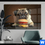 Acrylglasbild Mops Mit Cheeseburger Querformat Produktvorschau mit dem Bild Mops mit Cheeseburger im Format Querformat.