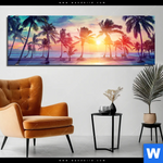 Acrylglasbild Palmen Bei Sonnenuntergang Panorama Produktvorschau mit dem Bild Palmen bei Sonnenuntergang im Format Panorama.