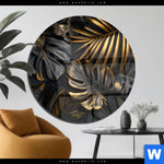 Acrylglasbild Palmenblaetter Schwarz Gold Rund Produktvorschau mit dem Bild Palmenblätter Schwarz Gold im Format Rund.