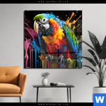 Acrylglasbild Papagei Mit Bunten Farbspritzern Quadrat Produktvorschau mit dem Bild Papagei mit bunten Farbspritzern im Format Quadrat.