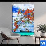 Acrylglasbild Rote Blueten Und Tuerkisfarbenes Meer Hochformat Produktvorschau mit dem Bild Rote Blüten und Türkisfarbenes Meer im Format Hochformat.