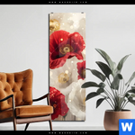 Acrylglasbild Rote Und Weisse Mohnblumen Schmal Produktvorschau mit dem Bild Rote und weiße Mohnblumen im Format Schmal.