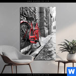 Acrylglasbild Rotes Fahrrad In Gasse Hochformat Produktvorschau mit dem Bild Rotes Fahrrad in Gasse im Format Hochformat.
