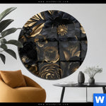 Acrylglasbild Schwarze Und Goldene Blueten Rund Produktvorschau mit dem Bild Schwarze und goldene Blüten im Format Rund.