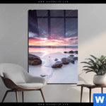 Acrylglasbild Sonnenaufgang Am Strand Mit Felsen Hochformat Produktvorschau mit dem Bild Sonnenaufgang am Strand mit Felsen im Format Hochformat.