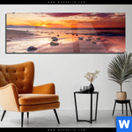 Acrylglasbild Sonnenuntergang Am Strand Mit Felsen Panorama Produktvorschau mit dem Bild Sonnenuntergang am Strand mit Felsen im Format Panorama.