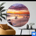 Acrylglasbild Sonnenuntergang Am Strand Mit Felsen Rund Produktvorschau mit dem Bild Sonnenuntergang am Strand mit Felsen im Format Rund.