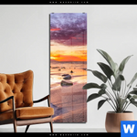 Acrylglasbild Sonnenuntergang Am Strand Mit Felsen Schmal Produktvorschau mit dem Bild Sonnenuntergang am Strand mit Felsen im Format Schmal.