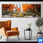 Acrylglasbild Wasserfall In Herbstlandschaft Panorama Produktvorschau mit dem Bild Wasserfall in Herbstlandschaft im Format Panorama.