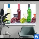 Acrylglasbild Wein In Flaschen Und Glaesern Querformat Produktvorschau mit dem Bild Wein in Flaschen und Gläsern im Format Querformat.