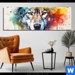 Acrylglasbild Wolf Mit Bunten Farbspritzern No 2 Panorama Produktvorschau mit dem Bild Wolf mit bunten Farbspritzern No. 2 im Format Panorama.