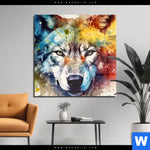 Acrylglasbild Wolf Mit Bunten Farbspritzern No 2 Quadrat Produktvorschau mit dem Bild Wolf mit bunten Farbspritzern No. 2 im Format Quadrat.