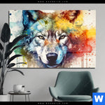 Acrylglasbild Wolf Mit Bunten Farbspritzern No 2 Querformat Produktvorschau mit dem Bild Wolf mit bunten Farbspritzern No. 2 im Format Querformat.