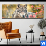 Acrylglasbild Wolfsblick Im Fruehling Panorama Produktvorschau mit dem Bild Wolfsblick im Frühling im Format Panorama.