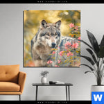 Acrylglasbild Wolfsblick Im Fruehling Quadrat Produktvorschau mit dem Bild Wolfsblick im Frühling im Format Quadrat.