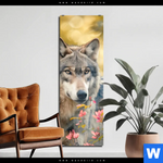 Acrylglasbild Wolfsblick Im Fruehling Schmal Produktvorschau mit dem Bild Wolfsblick im Frühling im Format Schmal.