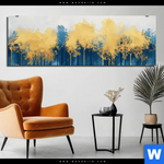 Alu Dibond Bild Abstrakter Wald Blau Gold Panorama Produktvorschau mit dem Bild Abstrakter Wald - Blau & Gold im Format Panorama.