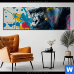 Alu Dibond Bild Bunter Gorilla Mit Farbspritzern Panorama Produktvorschau mit dem Bild Bunter Gorilla mit Farbspritzern im Format Panorama.