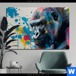 Alu Dibond Bild Bunter Gorilla Mit Farbspritzern Querformat Produktvorschau mit dem Bild Bunter Gorilla mit Farbspritzern im Format Querformat.