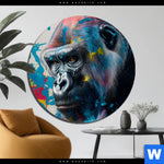 Alu Dibond Bild Bunter Gorilla Mit Farbspritzern Rund Produktvorschau mit dem Bild Bunter Gorilla mit Farbspritzern im Format Rund.