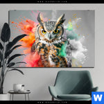 Alu Dibond Bild Farbenexplosion Mit Eule Querformat Produktvorschau mit dem Bild Farbenexplosion mit Eule im Format Querformat.
