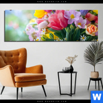 Alu Dibond Bild Farbenfrohe Fruehlingsblueten Panorama Produktvorschau mit dem Bild Farbenfrohe Frühlingsblüten im Format Panorama.