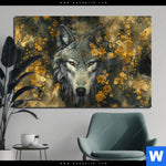 Alu Dibond Bild Goldener Wolfblick Querformat Produktvorschau mit dem Bild Goldener Wolfblick im Format Querformat.