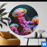 Alu Dibond Bild Leuchtende Quallen Unter Wasser Rund Produktvorschau mit dem Bild Leuchtende Quallen unter Wasser im Format Rund.