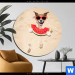 Alu Dibond Bild Lustiger Hund Am Strand Rund Produktvorschau mit dem Bild Lustiger Hund am Strand im Format Rund.