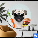 Alu Dibond Bild Lustiger Hund Mit Burger Rund Produktvorschau mit dem Bild Lustiger Hund mit Burger im Format Rund.