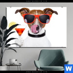 Alu Dibond Bild Lustiger Hund Mit Drink Querformat Produktvorschau mit dem Bild Lustiger Hund mit Drink im Format Querformat.