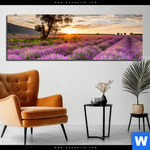 Alu Dibond Bild Sonnenaufgang Im Lavendelfeld Panorama Produktvorschau mit dem Bild Sonnenaufgang im Lavendelfeld im Format Panorama.