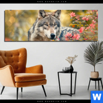 Alu Dibond Bild Wolfsblick Im Fruehling Panorama Produktvorschau mit dem Bild Wolfsblick im Frühling im Format Panorama.