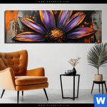 Aluminiumbild Gebürstet Abstrakte Blume In Orange Lila Panorama Produktvorschau mit dem Bild Abstrakte Blume in Orange & Lila im Format Panorama.