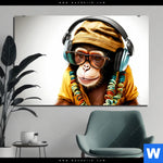 Aluminiumbild Gebürstet Affe Mit Kopfhoerern Brille Querformat Produktvorschau mit dem Bild Affe mit Kopfhörern & Brille im Format Querformat.