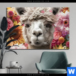Aluminiumbild Gebürstet Alpaka Mit Blumen Querformat Produktvorschau mit dem Bild Alpaka mit Blumen im Format Querformat.