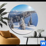 Aluminiumbild Gebürstet Berge Und Waelder In Schnee Rund Produktvorschau mit dem Bild Berge und Wälder in Schnee im Format Rund.
