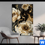 Aluminiumbild Gebürstet Blueten Gold Weiss Schwarz Hochformat Produktvorschau mit dem Bild Blüten Gold Weiß Schwarz im Format Hochformat.