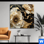 Aluminiumbild Gebürstet Blueten Gold Weiss Schwarz Quadrat Produktvorschau mit dem Bild Blüten Gold Weiß Schwarz im Format Quadrat.