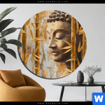 Aluminiumbild Gebürstet Buddha Statue Im Goldenen Bambus Rund Produktvorschau mit dem Bild Buddha-Statue im goldenen Bambus im Format Rund.