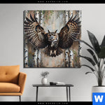 Aluminiumbild Gebürstet Eule Im Birkenwald Quadrat Produktvorschau mit dem Bild Eule im Birkenwald im Format Quadrat.