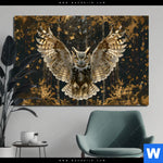 Aluminiumbild Gebürstet Eule Inmitten Goldener Blaetter Querformat Produktvorschau mit dem Bild Eule inmitten goldener Blätter im Format Querformat.