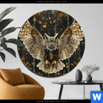 Aluminiumbild Gebürstet Eule Inmitten Goldener Blaetter Rund Produktvorschau mit dem Bild Eule inmitten goldener Blätter im Format Rund.