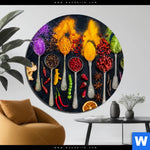 Aluminiumbild Gebürstet Exotische Gewuerze Auf Loeffeln Rund Produktvorschau mit dem Bild Exotische Gewürze auf Löffeln im Format Rund.