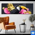 Aluminiumbild Gebürstet Exotischer Tukan Mit Blueten Panorama Produktvorschau mit dem Bild Exotischer Tukan mit Blüten im Format Panorama.