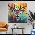 Aluminiumbild Gebürstet Farbenfrohes Hirschportraet Quadrat Produktvorschau mit dem Bild Farbenfrohes Hirschporträt im Format Quadrat.