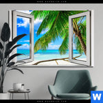 Aluminiumbild Gebürstet Fensterblick Karibik Palme Querformat Produktvorschau mit dem Bild Fensterblick Karibik Palme im Format Querformat.