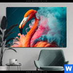Aluminiumbild Gebürstet Flamingo In Bunter Rauchwolke Querformat Produktvorschau mit dem Bild Flamingo in bunter Rauchwolke im Format Querformat.